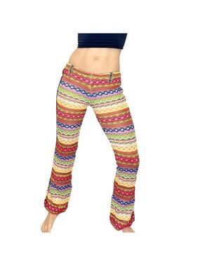 Boho retro 70s style stretchy knit zig zag multi colour low rise flare pants S